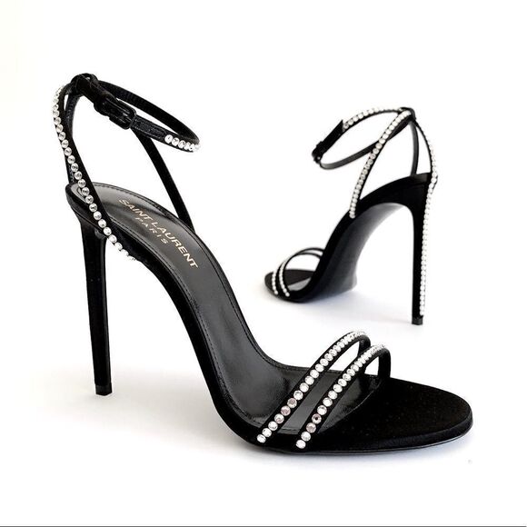 ⭕️ YSL SAINT LAURENT Sandals Crystals Black Robin Heels Designer Shoes - Picture 1 of 10